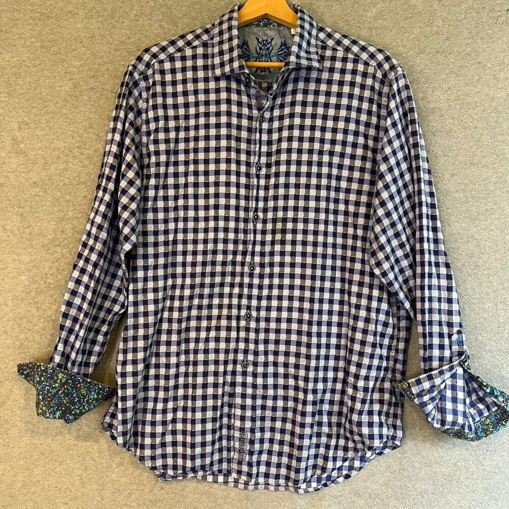 Robert Graham Flip Cuff Long-sleeved Blue Plaid Button-Down Shirt Men Large